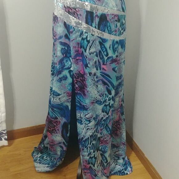 NWT LaFee E4053 One Shoulder Silver Sequin, Purple/Turquoise Prom Dress 10 - Picture 3 of 14